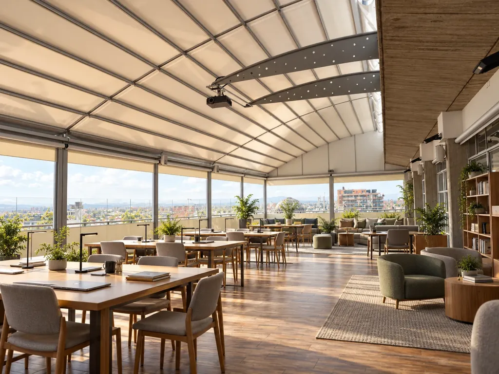 Pérgola retráctil PergoDom sobre un restaurante con biblioteca y vista a la ciudad
