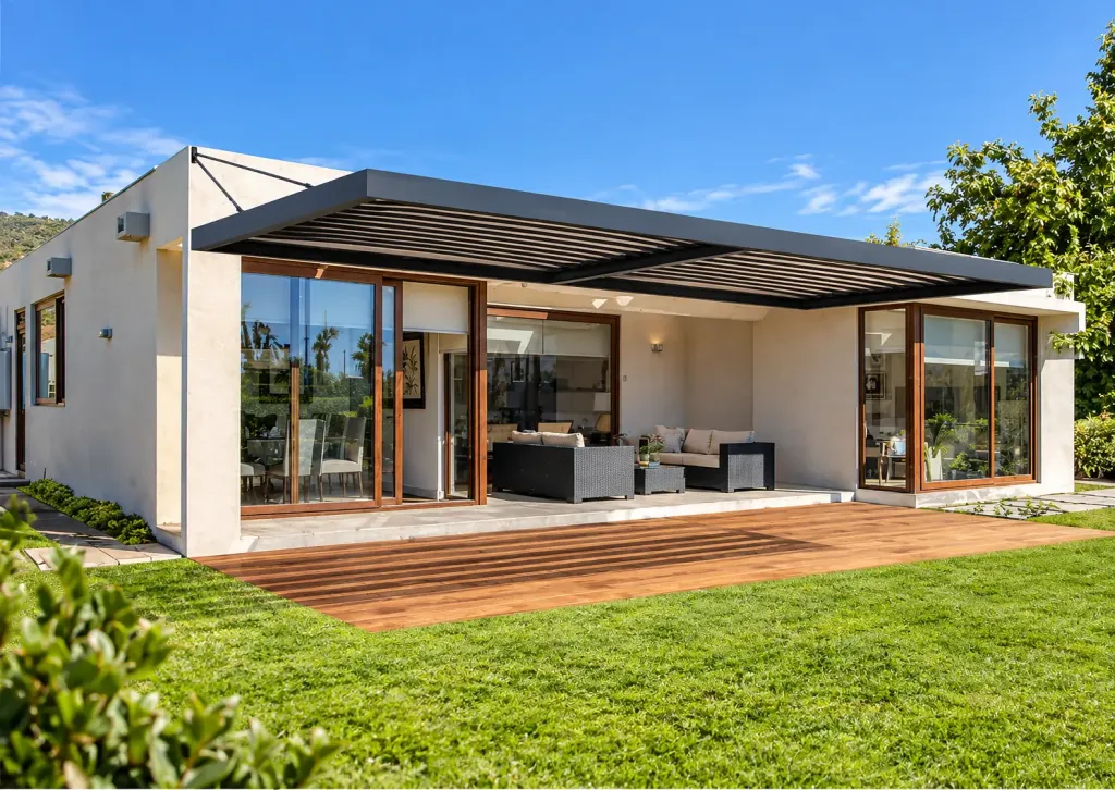 Pérgola retráctil PergoTek Design sobre la terraza de una casa con deck de madera y jardín