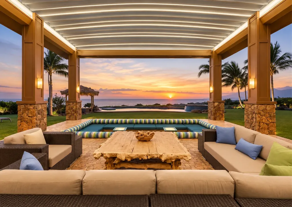 Pérgola retráctil PergoTek Design sobre una sala exterior junto a la piscina al atardecer
