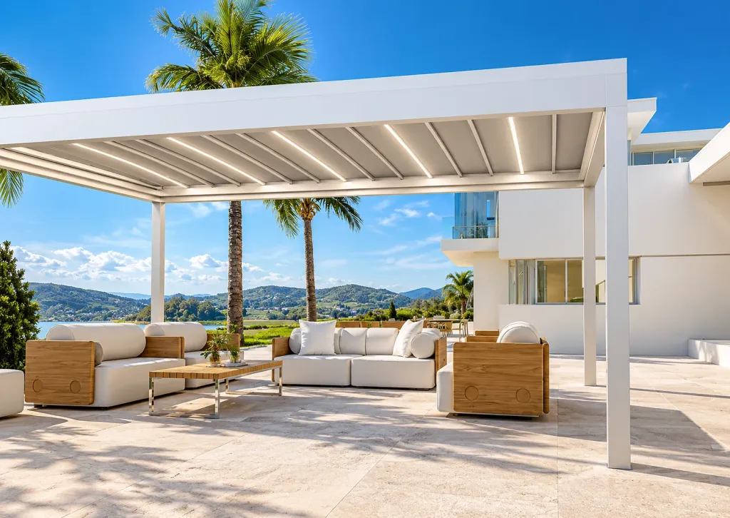 Pérgola retráctil PergoTek Design sobre una terraza con sala exterior y palmas