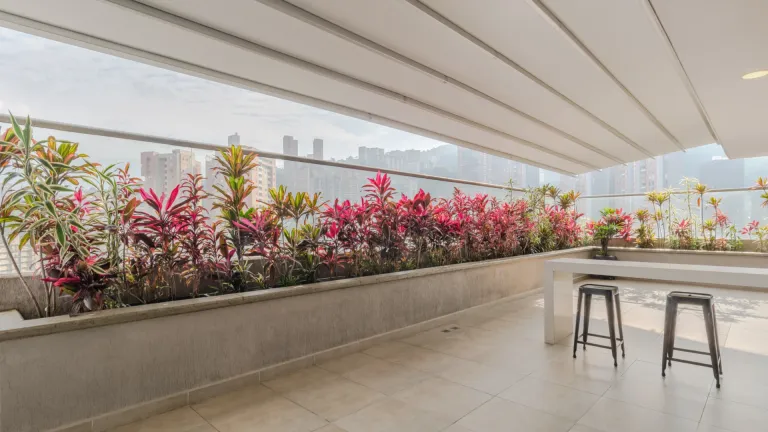 Pérgola retráctil cerrada sobre la terraza de Avani con jardinera de follaje rojo y edificios al fondo
