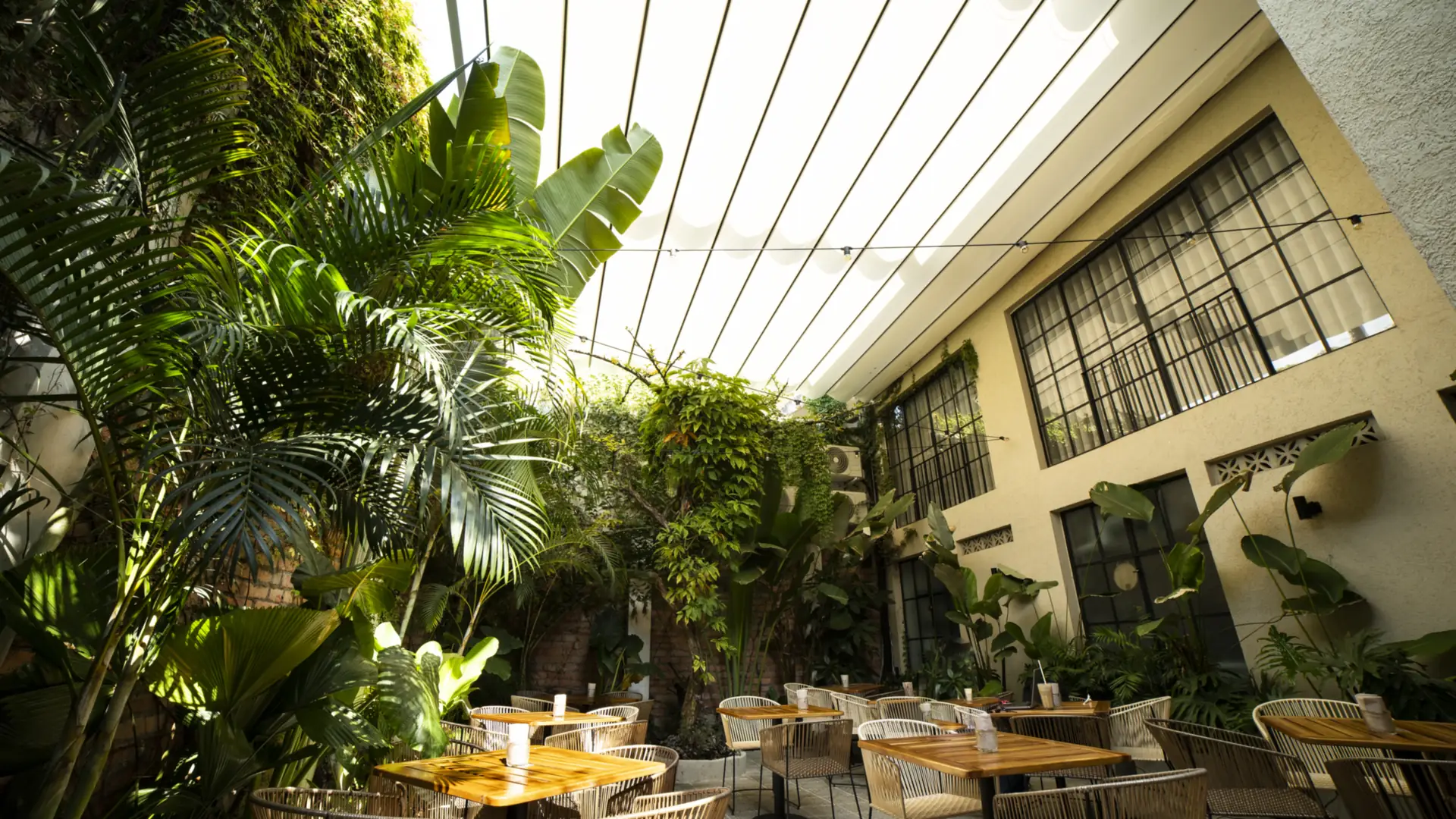 Pérgola retráctil PergoFlex cerrada sobre el patio tropical del Café Gardenia, con mesas de madera bajo la lona blanca