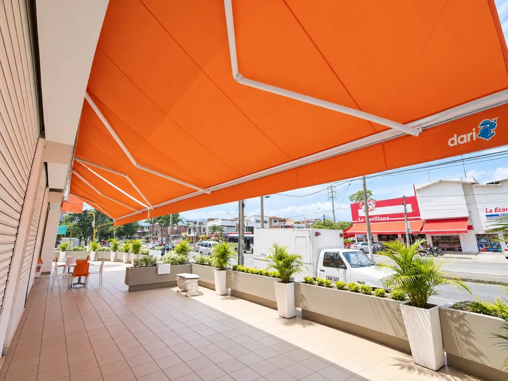 Toldo enrollable Sombralina naranja sobre la terraza de un local comercial